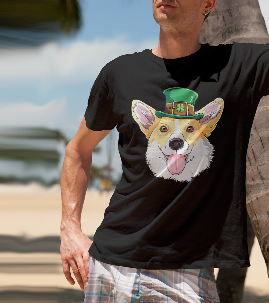 Lucky Corgi With Leprechaun Hat And Shamrock Charm T-Shirt