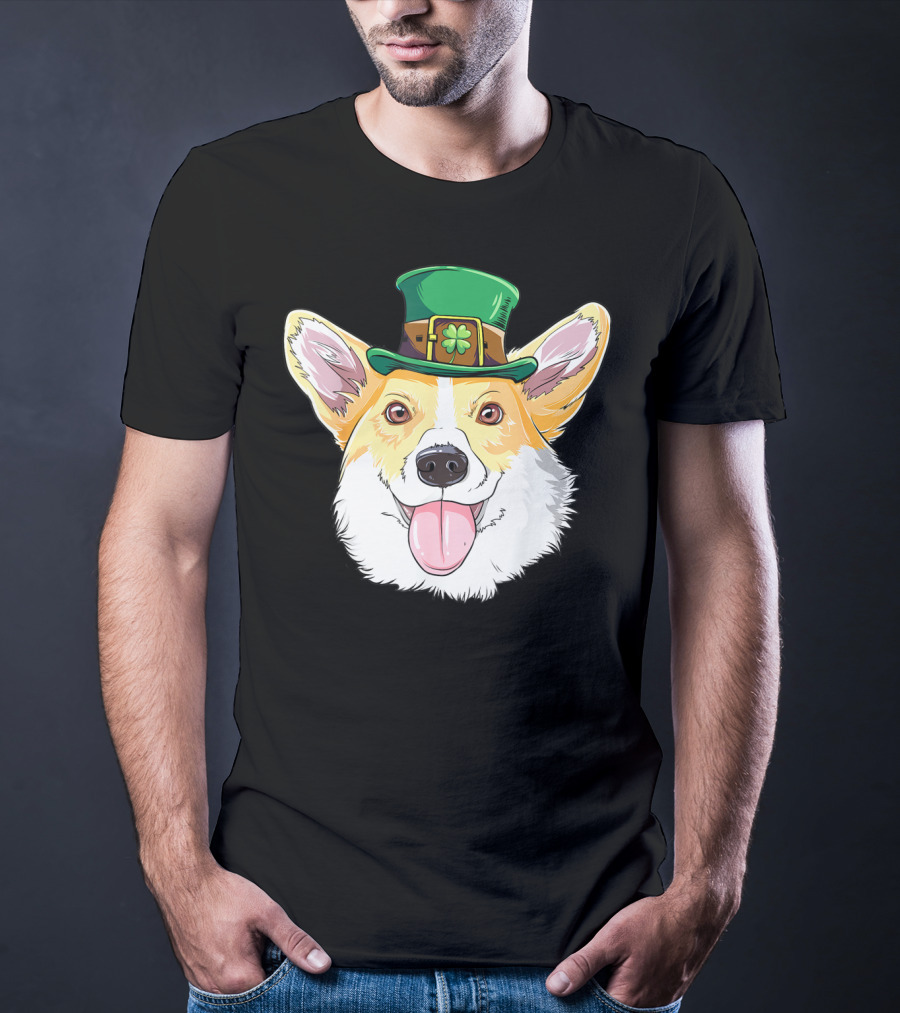 Lucky Corgi With Leprechaun Hat And Shamrock Charm T-Shirt