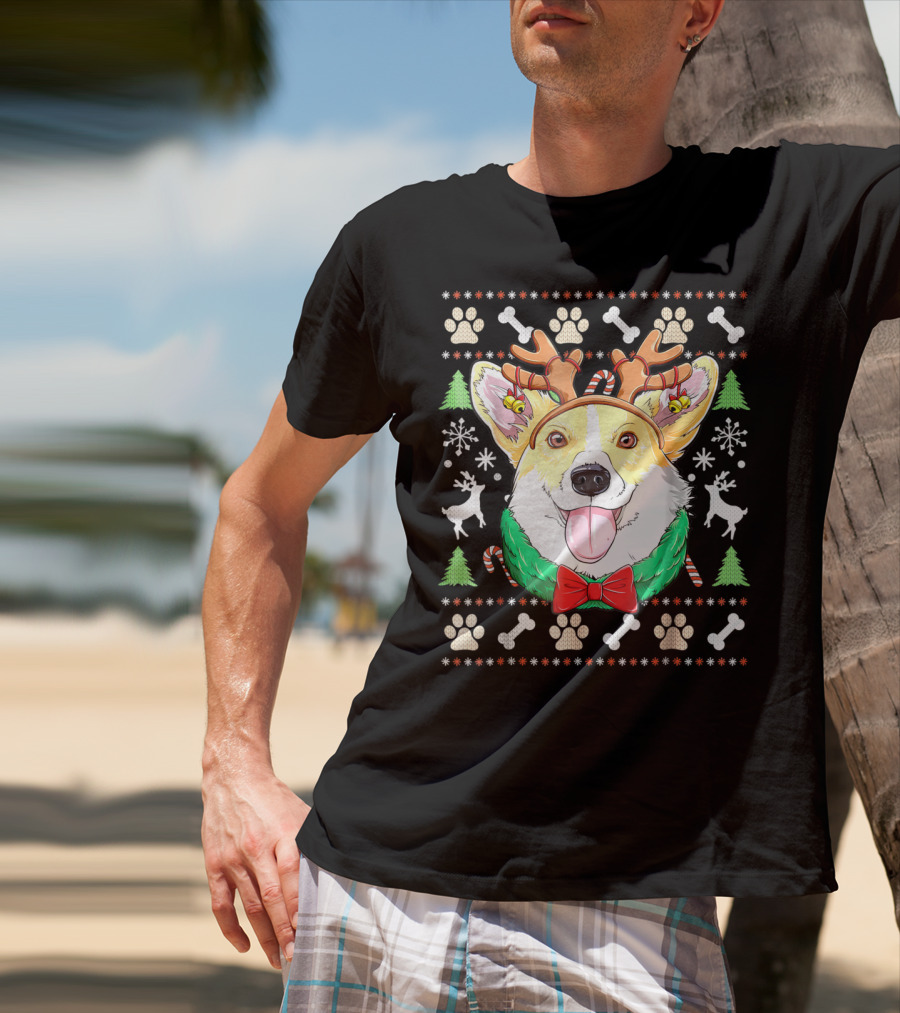 Corgi Christmas Reindeer Antlers Dog Ugly Sweater Xmas Girls T-Shirt