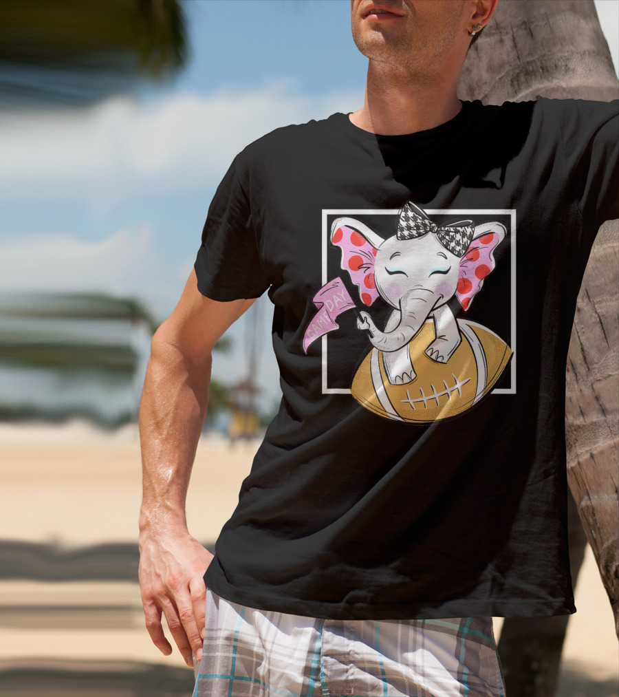 Game Day Elephant With Pink Flag And Houndstooth Bow On Football For Women And Girls Football T-Shirt