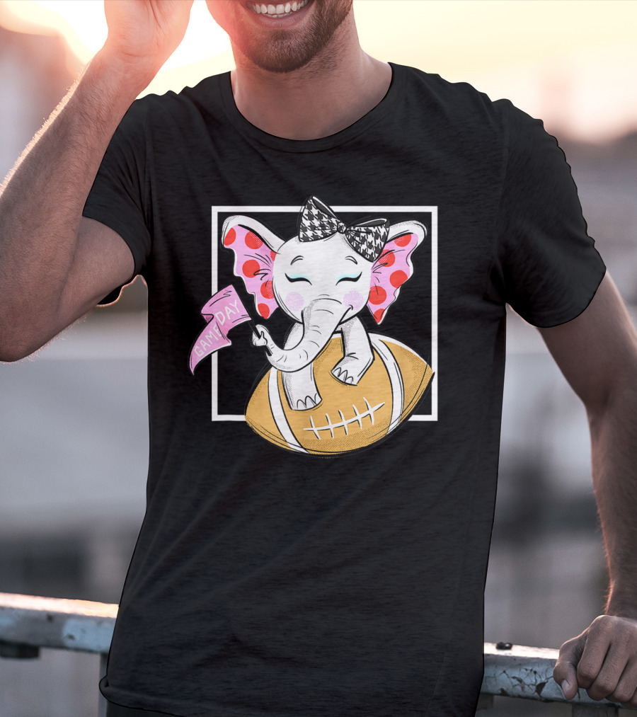 Game Day Elephant With Pink Flag And Houndstooth Bow On Football For Women And Girls Football T-Shirt
