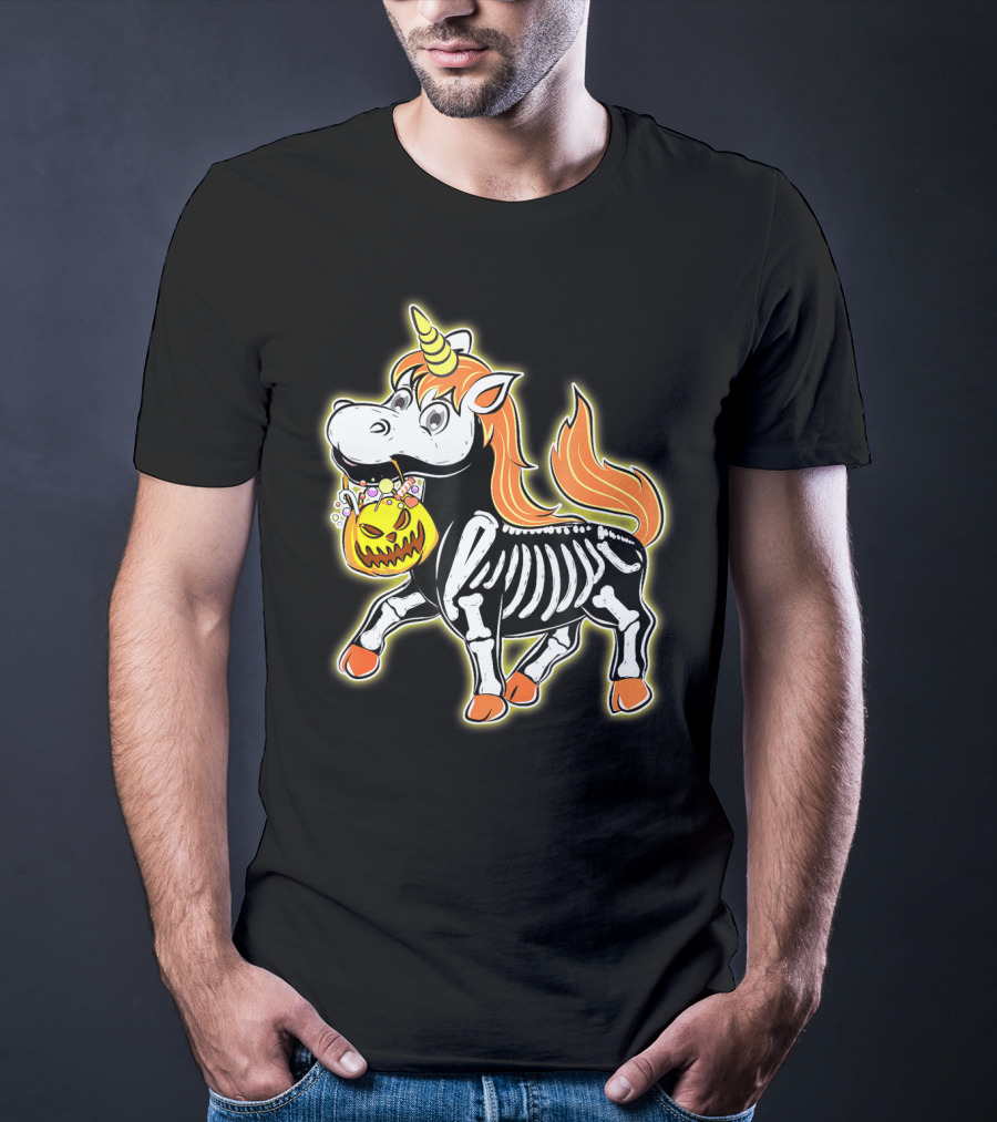 Skeleton Unicorn With Pumpkin Basket T-Shirt