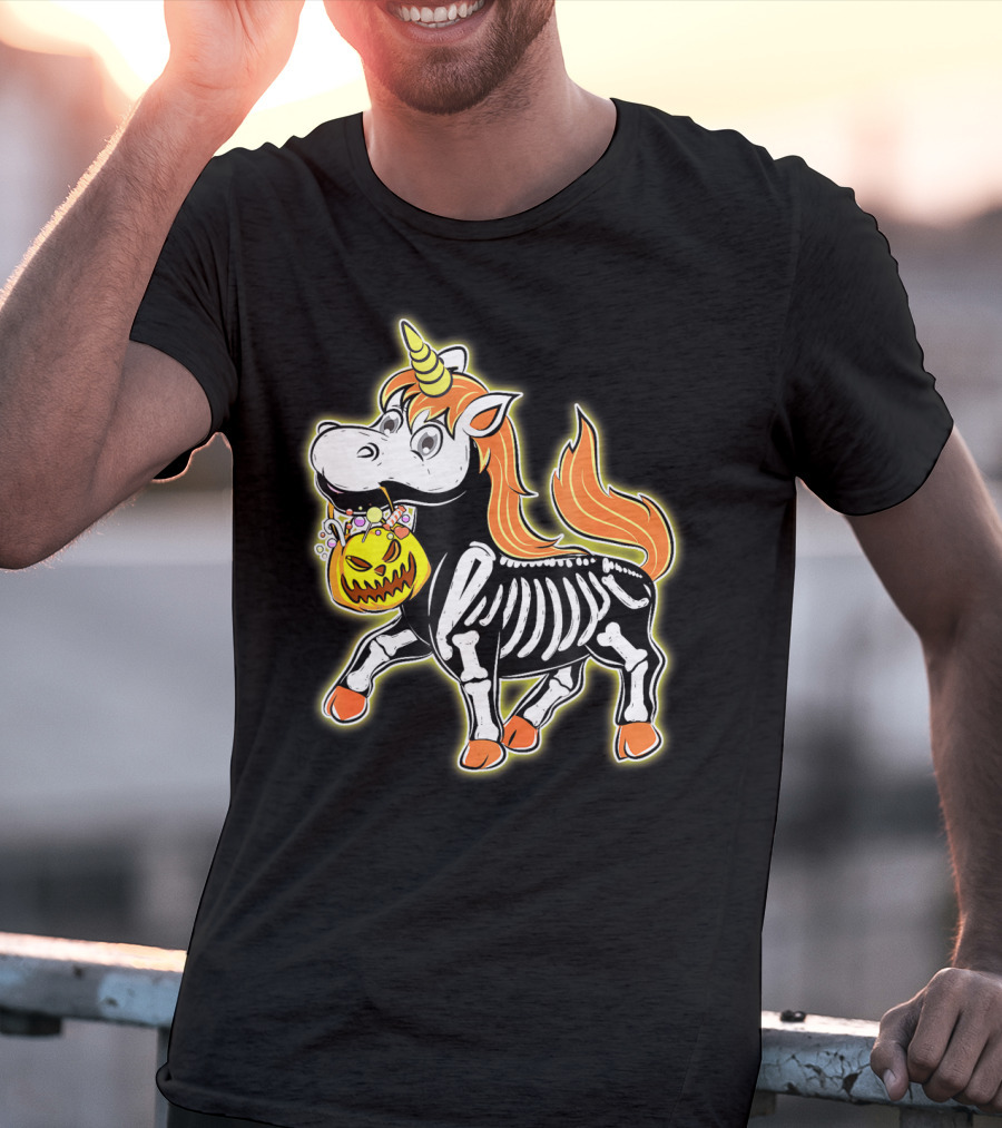 Skeleton Unicorn With Pumpkin Basket T-Shirt