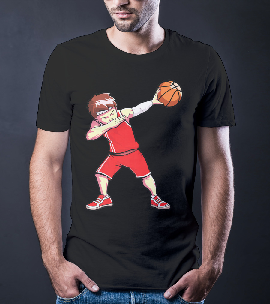 Dabbing Basketball Boy Dab Dance Player In Red Uniform Holding Ball T-Shirt