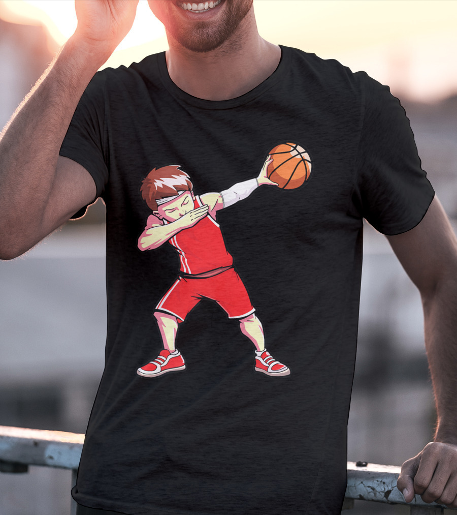 Dabbing Basketball Boy Dab Dance Player In Red Uniform Holding Ball T-Shirt