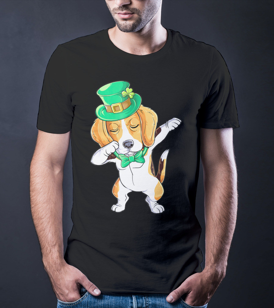 Dabbing Beagle In St Patricks Day Leprechaun Hat And Bowtie T-Shirt