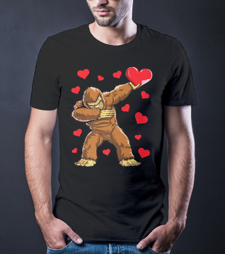 Dabbing Bigfoot With Heart Valentine's Day Boys Men Love T-Shirt
