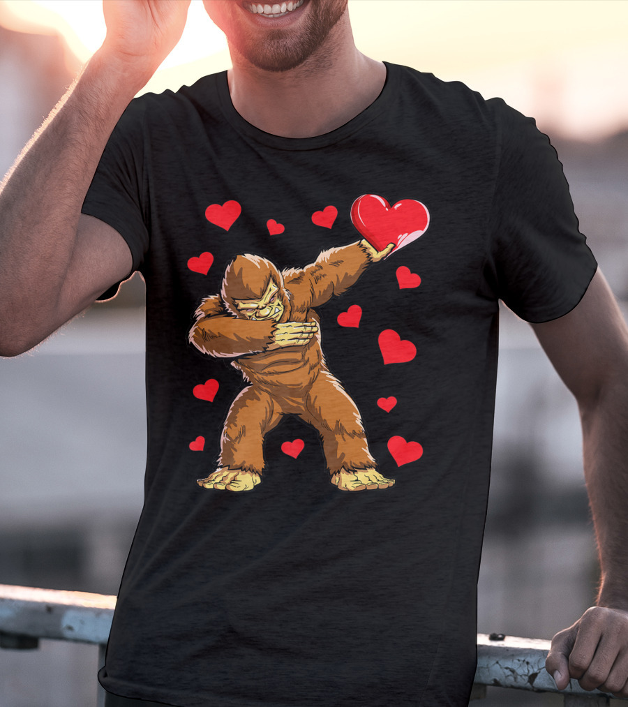 Dabbing Bigfoot With Heart Valentine's Day Boys Men Love T-Shirt