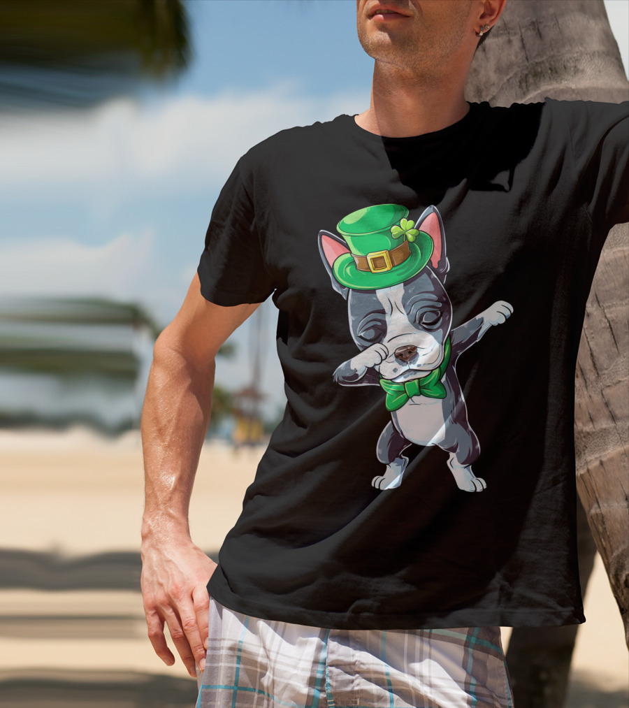 Dabbing Boston Terrier St Patricks Day Leprechaun Green Hat Bow Tie T-Shirt