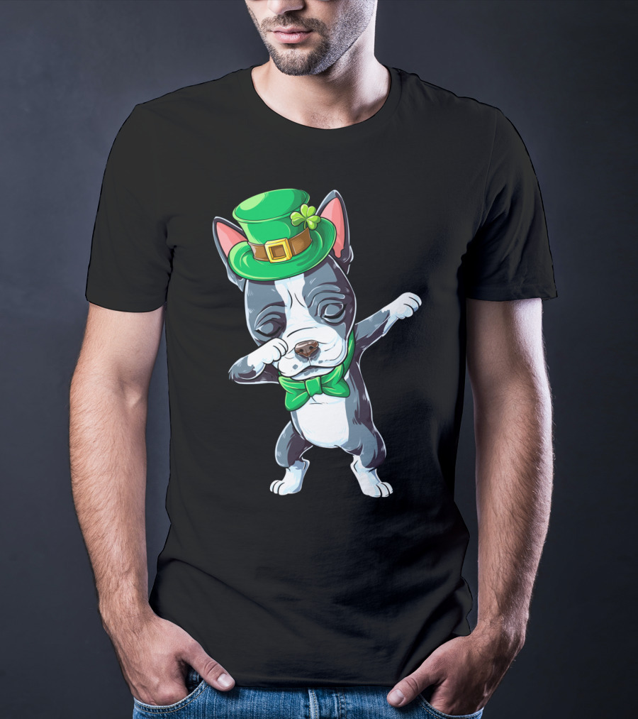 Dabbing Boston Terrier St Patricks Day Leprechaun Green Hat Bow Tie T-Shirt