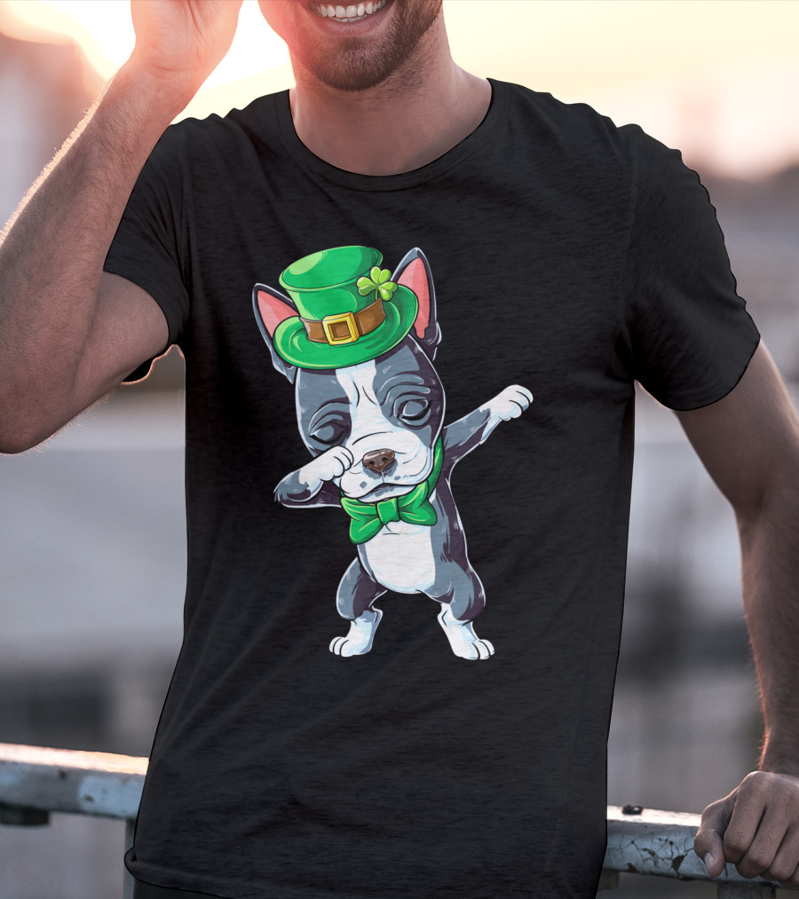 Dabbing Boston Terrier St Patricks Day Leprechaun Green Hat Bow Tie T-Shirt
