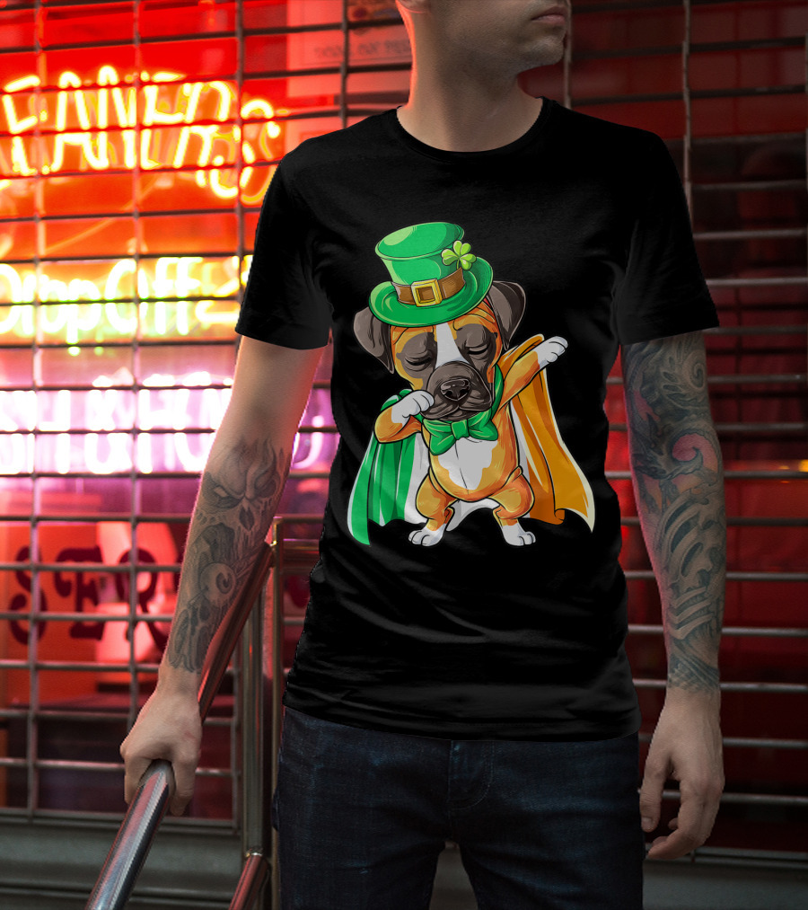Dabbing Boxer Puppy St Patricks Day Leprechaun Costume Irish Flag T-Shirt