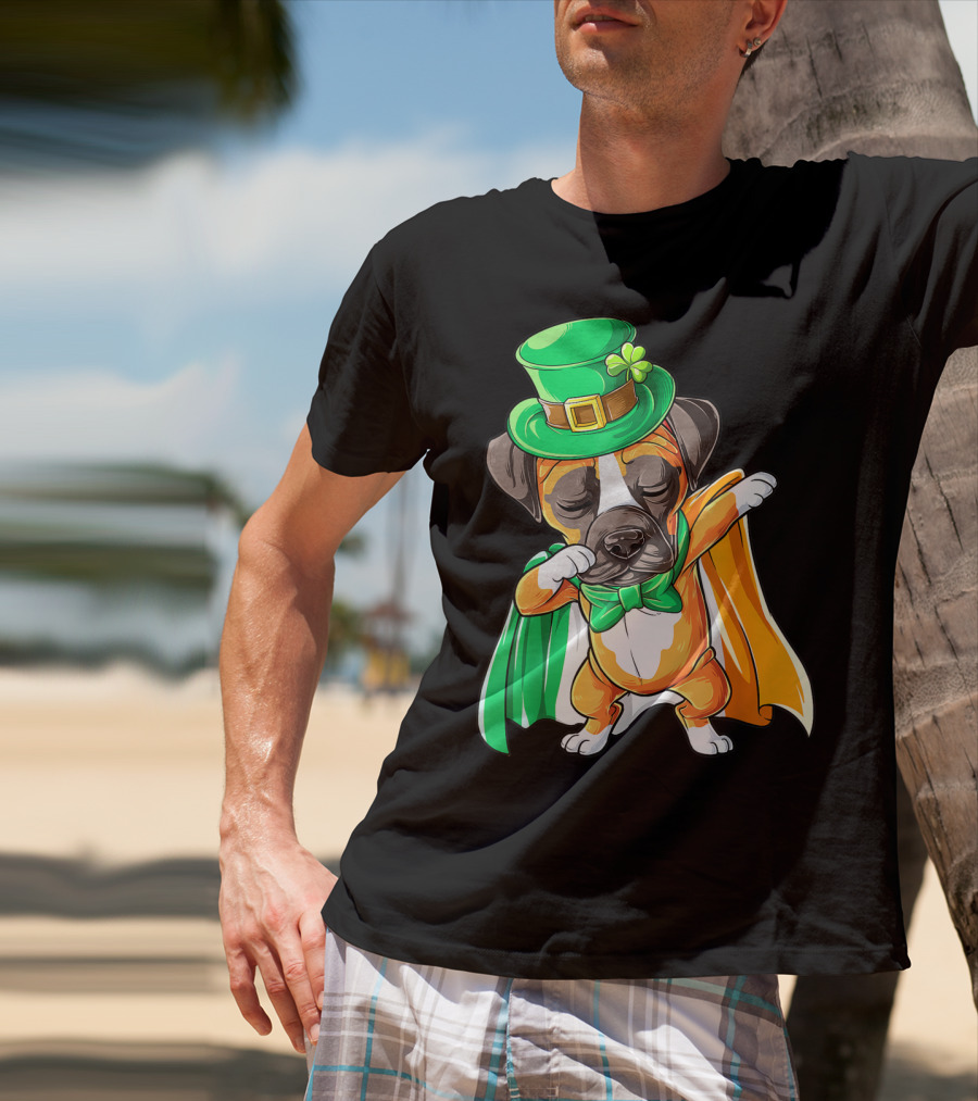 Dabbing Boxer Puppy St Patricks Day Leprechaun Costume Irish Flag T-Shirt