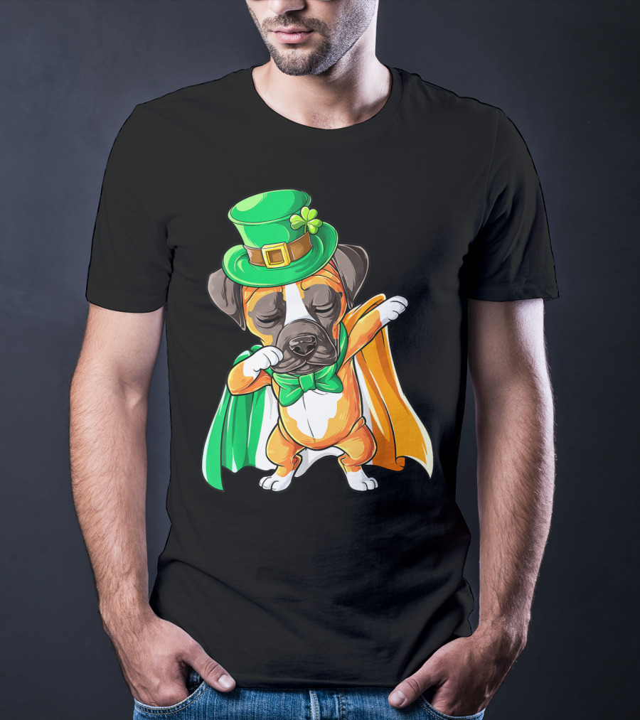 Dabbing Boxer Puppy St Patricks Day Leprechaun Costume Irish Flag T-Shirt