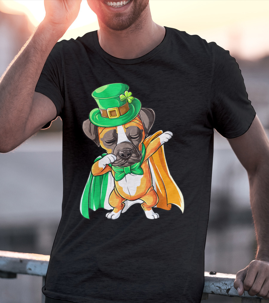 Dabbing Boxer Puppy St Patricks Day Leprechaun Costume Irish Flag T-Shirt