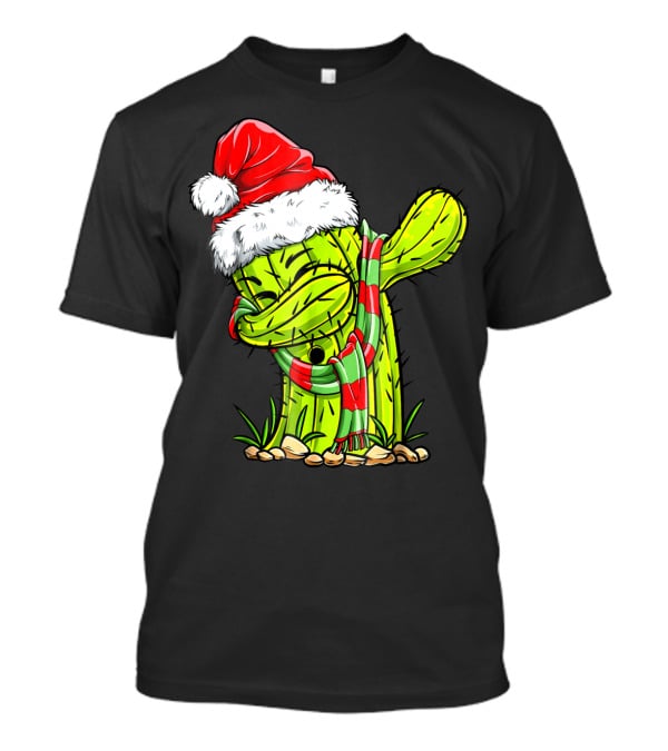 Dabbing Cactus Santa Christmas Hat And Scarf T-Shirt