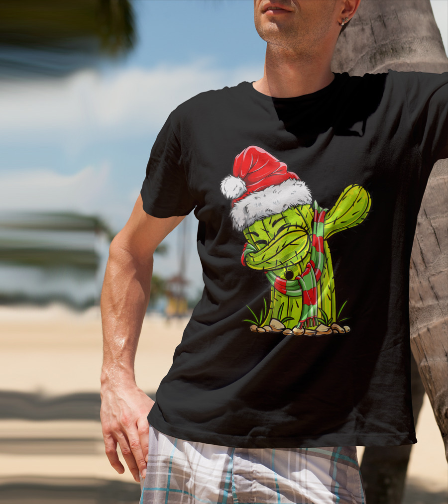 Dabbing Cactus Santa Christmas Hat And Scarf T-Shirt