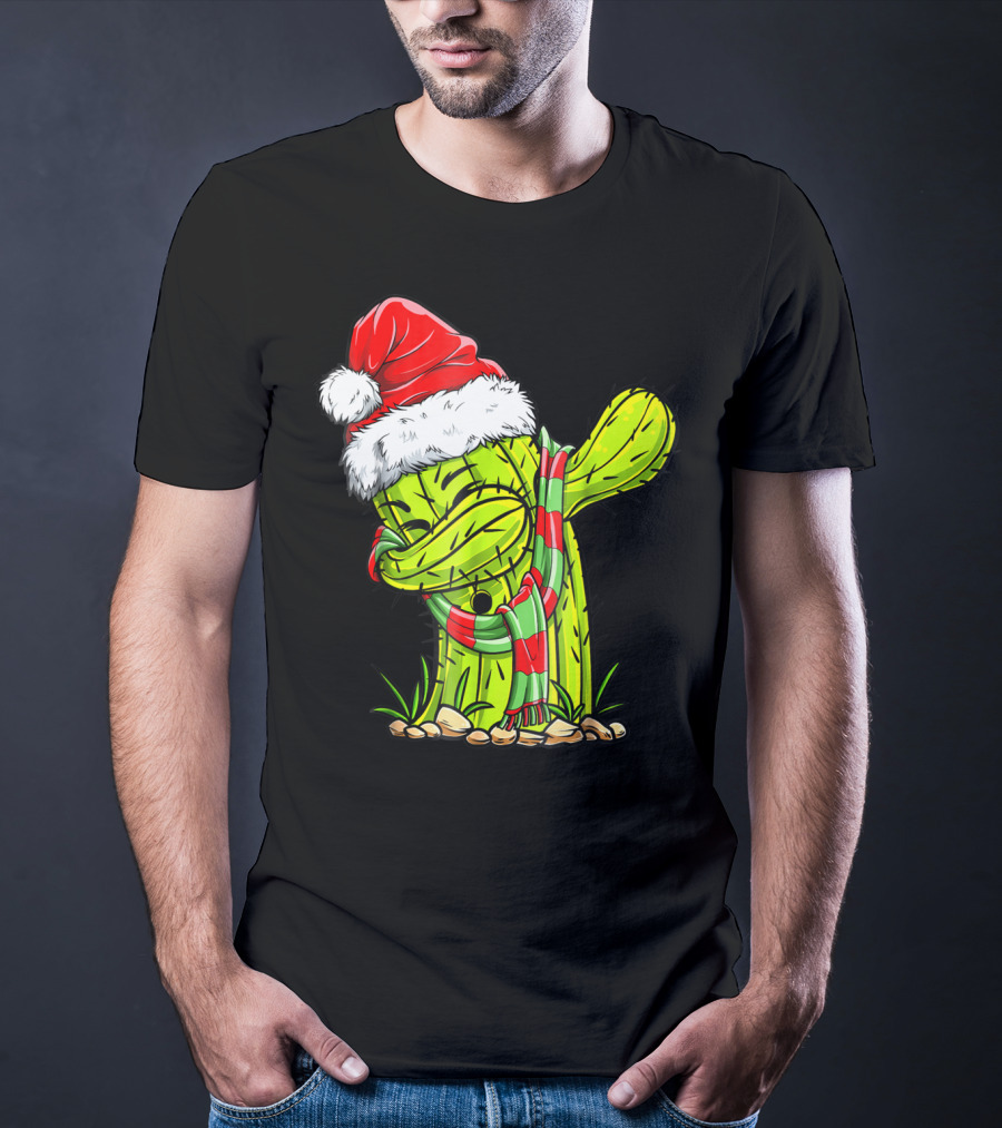 Dabbing Cactus Santa Christmas Hat And Scarf T-Shirt