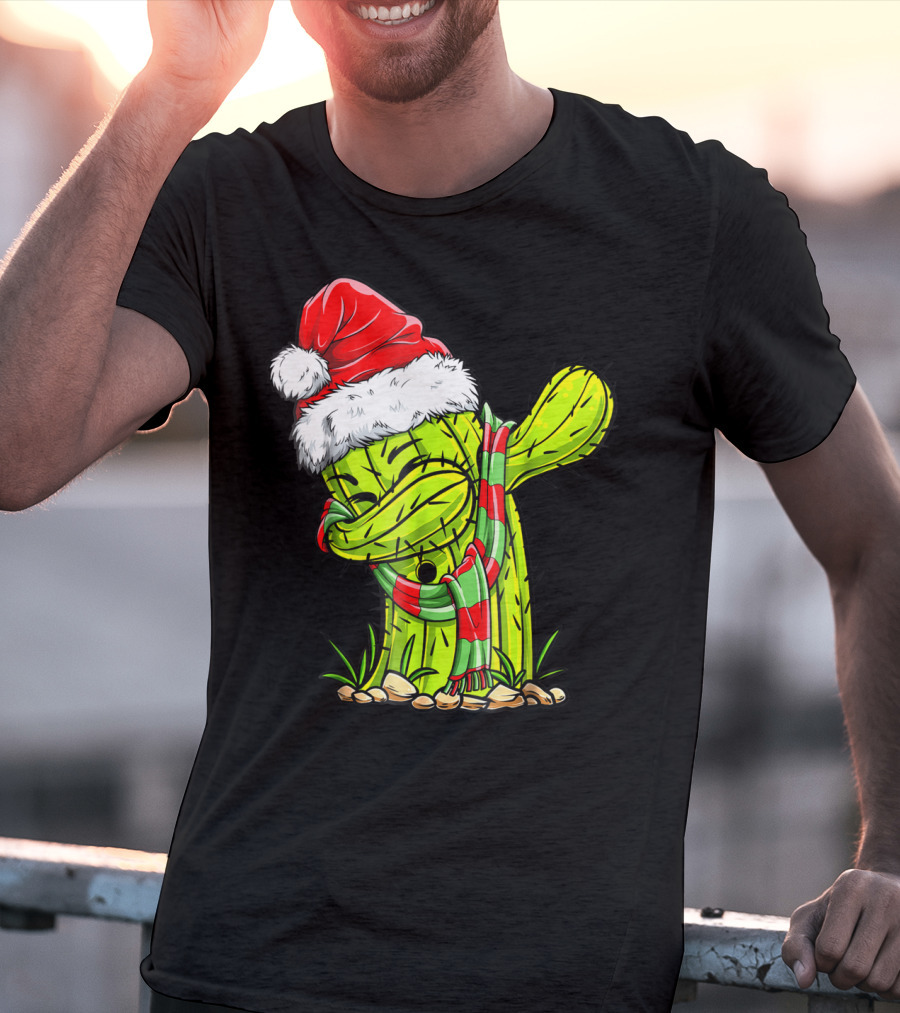Dabbing Cactus Santa Christmas Hat And Scarf T-Shirt