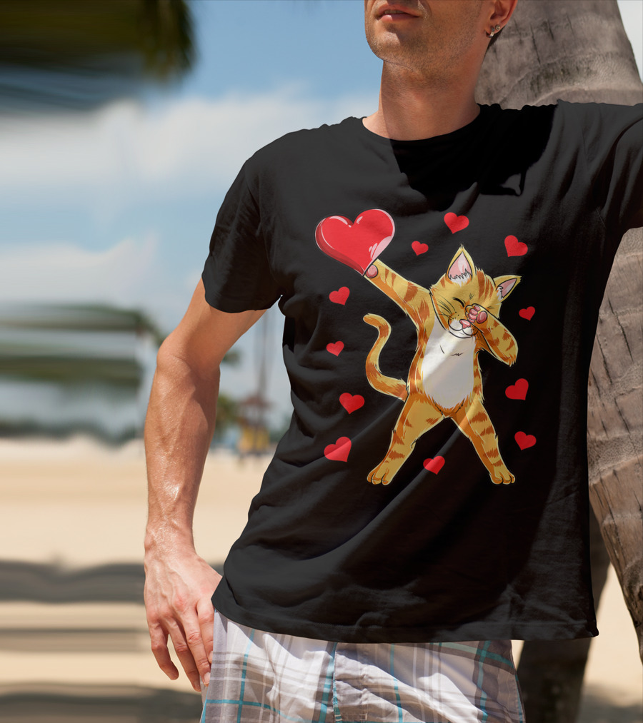 Cute Dabbing Cat With Hearts For Valentine's Day Kitten Lovers T-Shirt