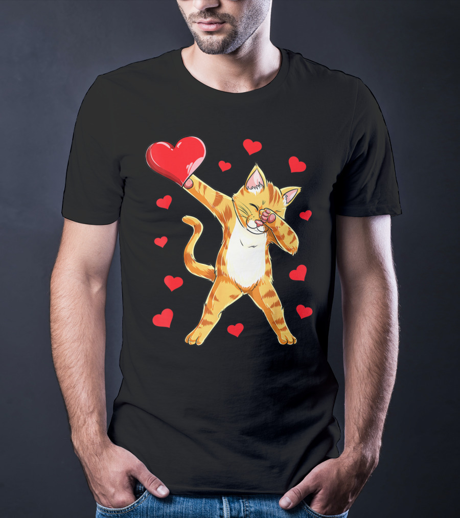 Cute Dabbing Cat With Hearts For Valentine's Day Kitten Lovers T-Shirt