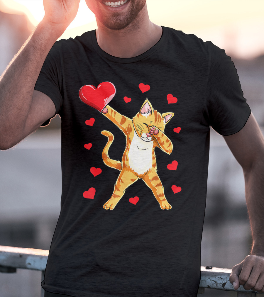 Cute Dabbing Cat With Hearts For Valentine's Day Kitten Lovers T-Shirt