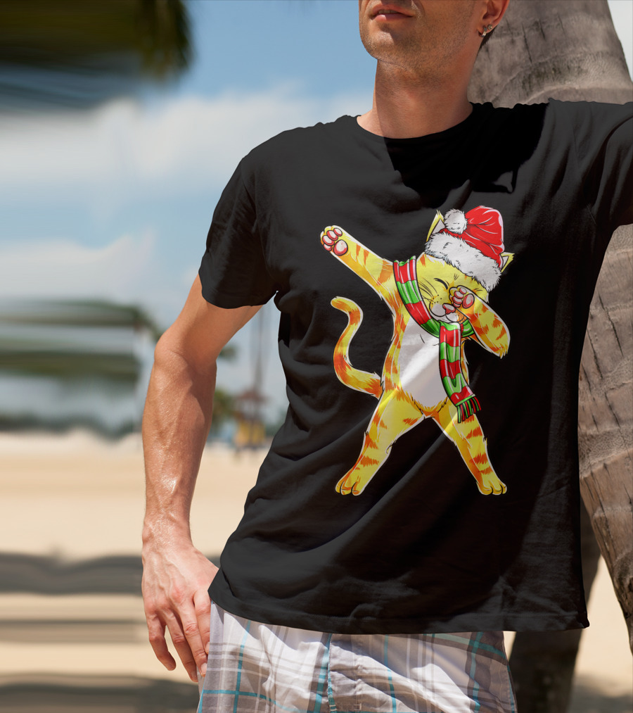 Dabbing Cat Santa With Festive Hat And Scarf T-Shirt