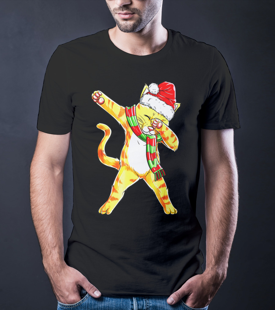 Dabbing Cat Santa With Festive Hat And Scarf T-Shirt