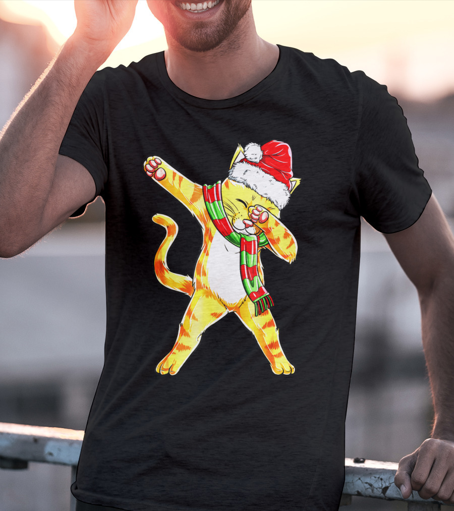 Dabbing Cat Santa With Festive Hat And Scarf T-Shirt