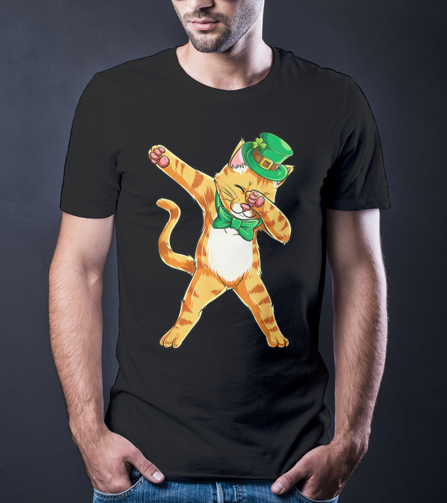 Dabbing Cat St Patricks Day Green Bow Tie Leprechaun Hat T-Shirt