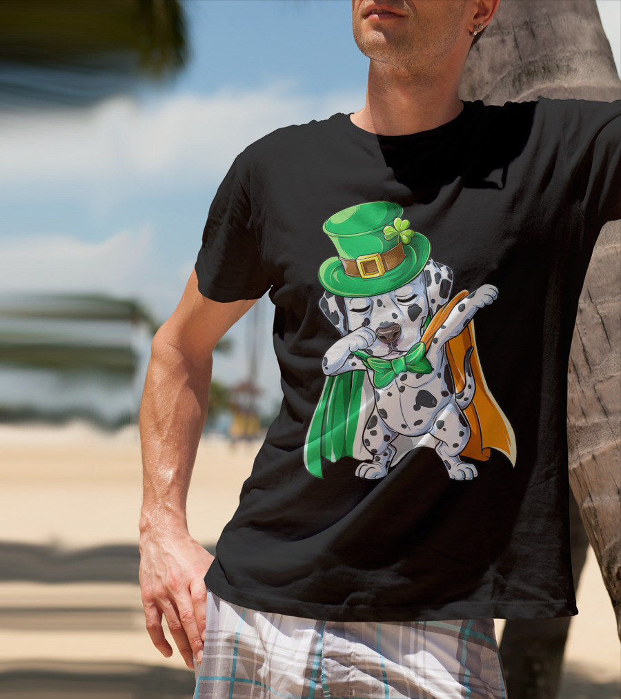 Dabbing Dalmatian St Patricks Day Leprechaun Irish Dog With Green Hat And Cape T-Shirt