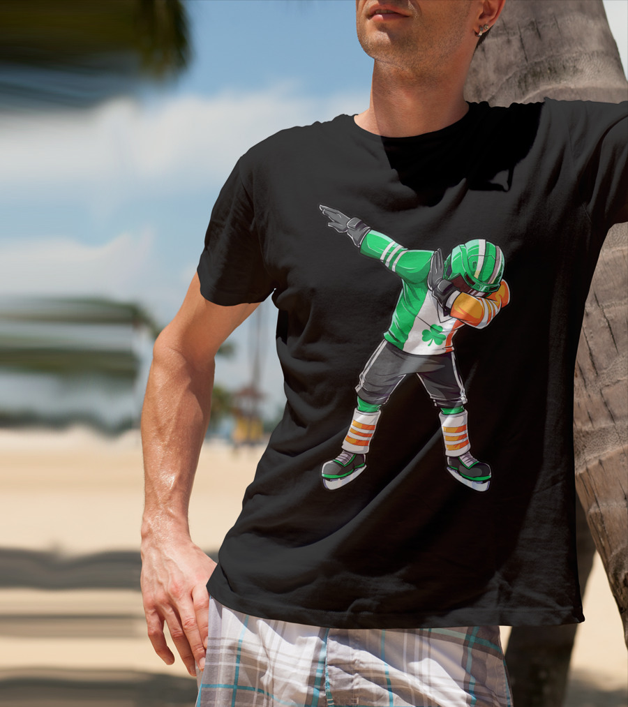 St Patricks Day Ireland Flag Dabbing Hockey Player Irish Shamrock T-Shirt