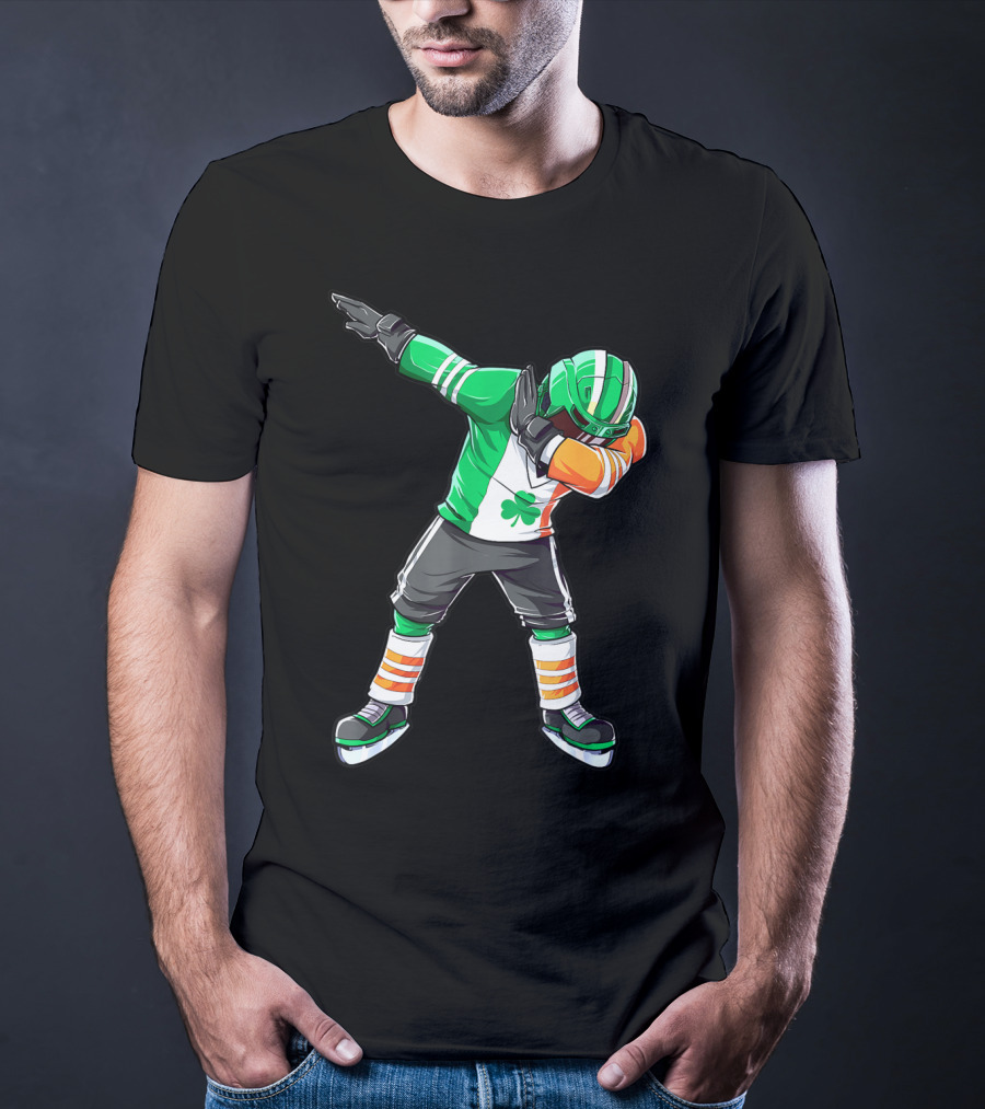 St Patricks Day Ireland Flag Dabbing Hockey Player Irish Shamrock T-Shirt
