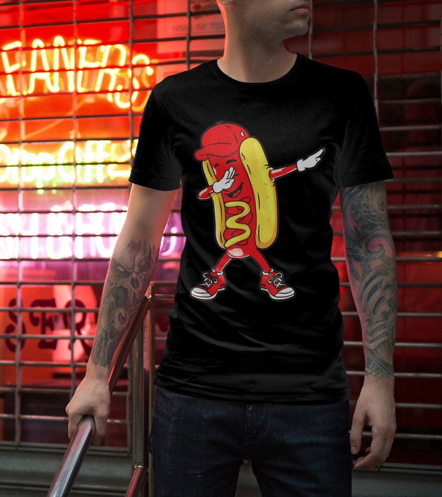 Dabbing Hot Dog Hip Hop Dance With Cap And Sneakers T-Shirt