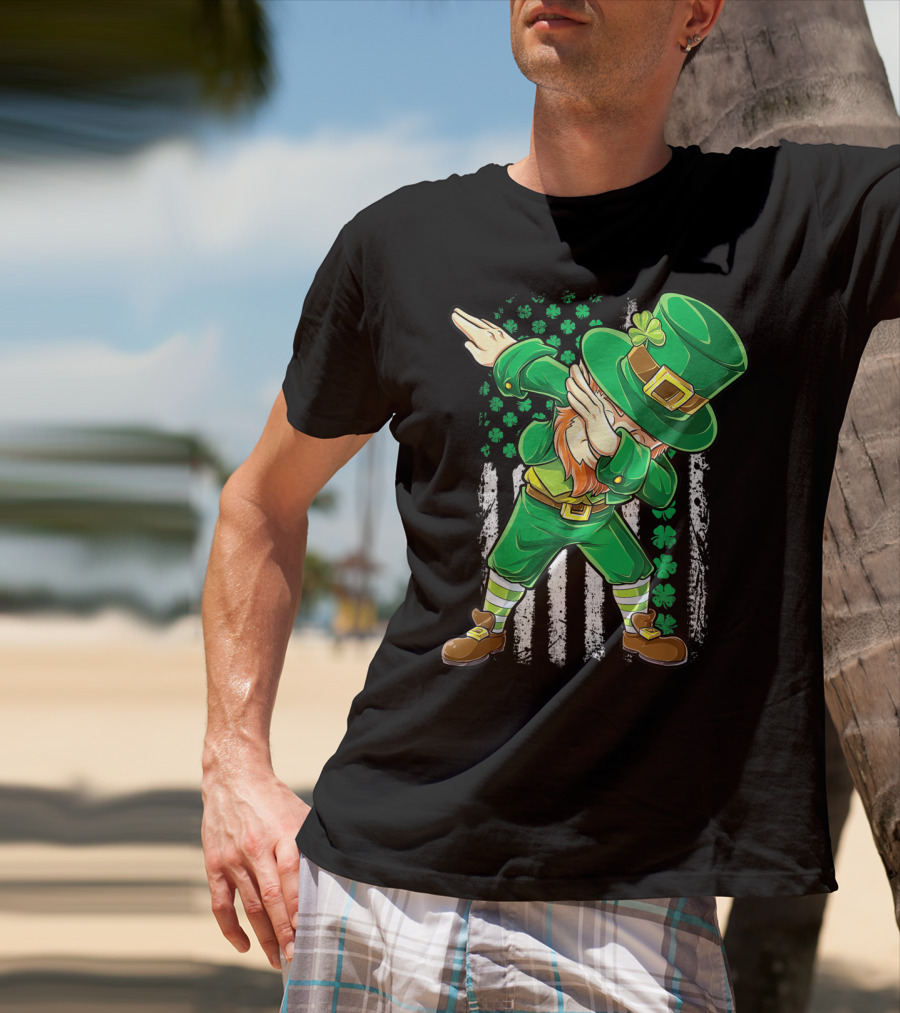 Dabbing Leprechaun With Irish American Flag Background And Shamrocks T-Shirt