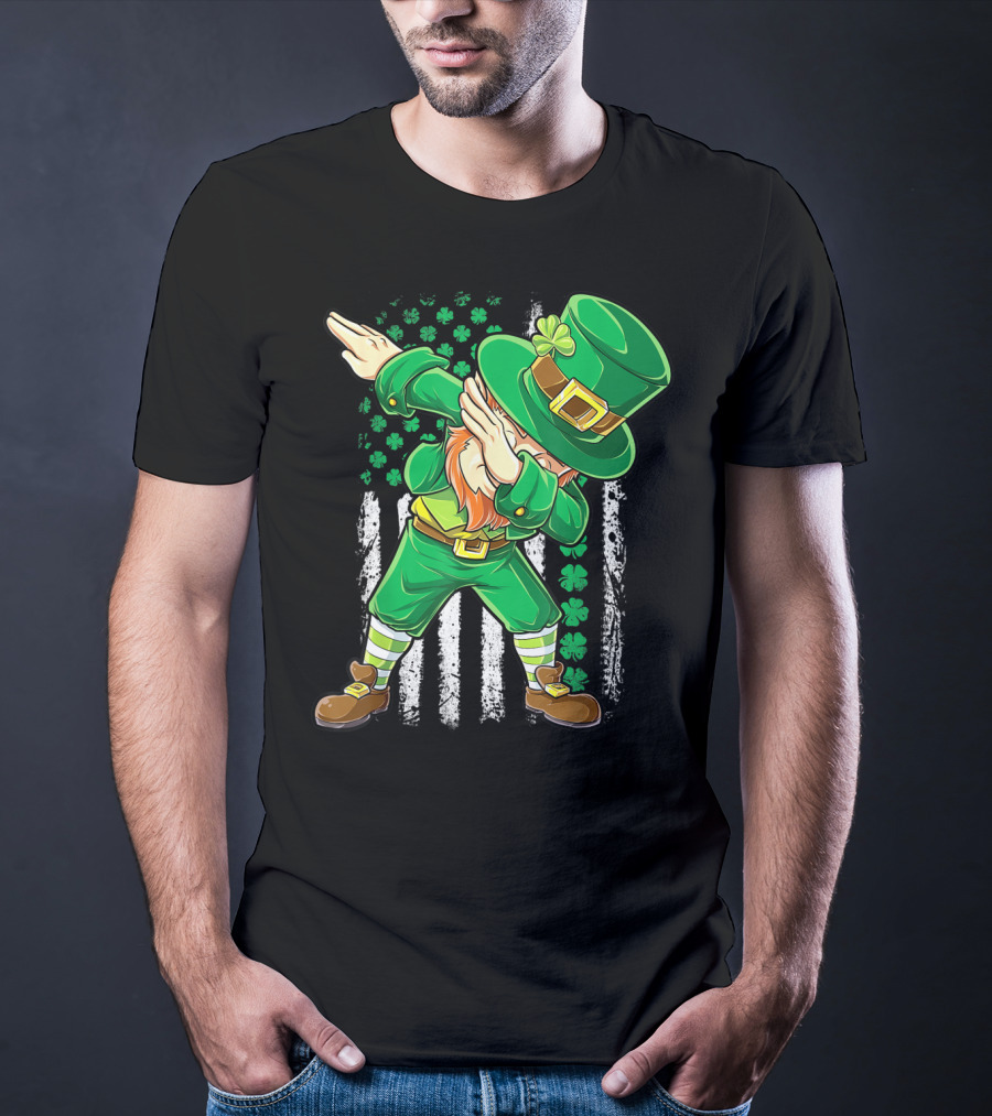 Dabbing Leprechaun With Irish American Flag Background And Shamrocks T-Shirt