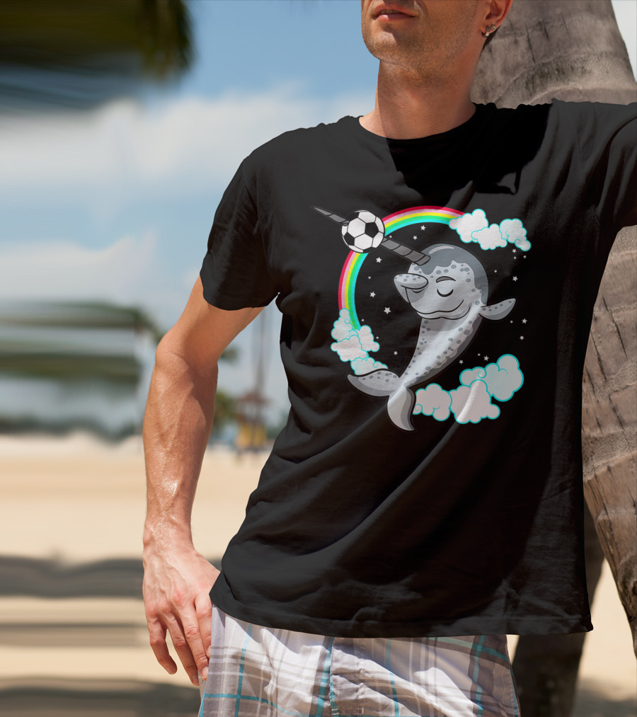 Dabbing Narwhal Soccer Rainbow Clouds Stars T-Shirt