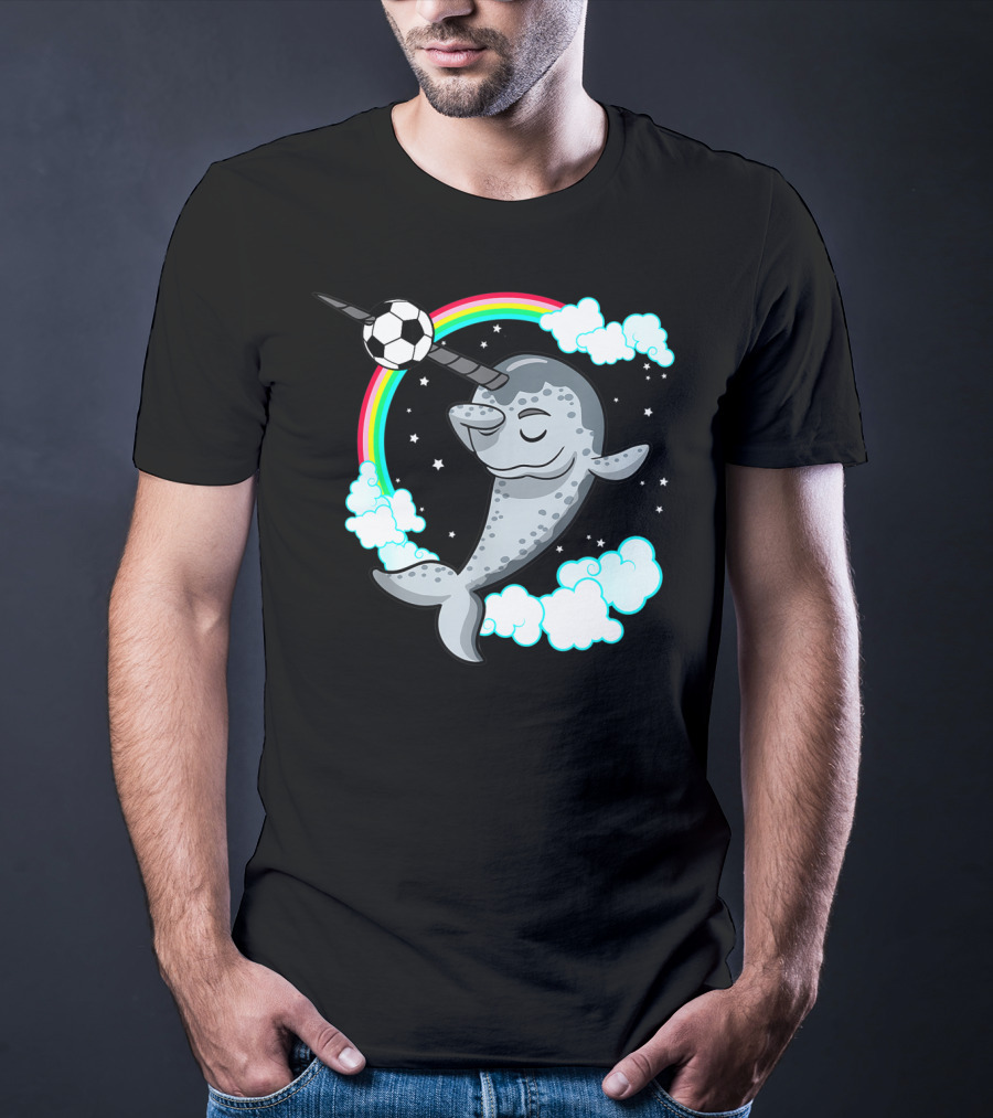 Dabbing Narwhal Soccer Rainbow Clouds Stars T-Shirt