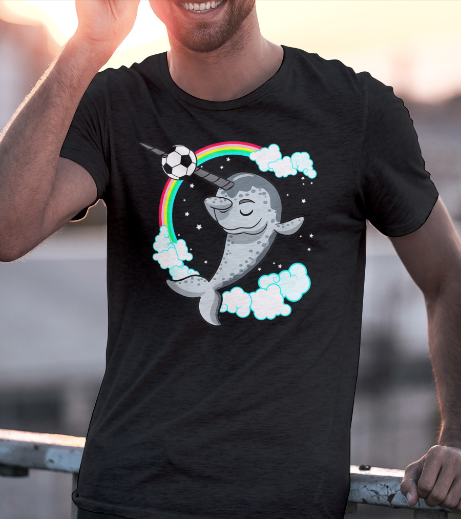 Dabbing Narwhal Soccer Rainbow Clouds Stars T-Shirt