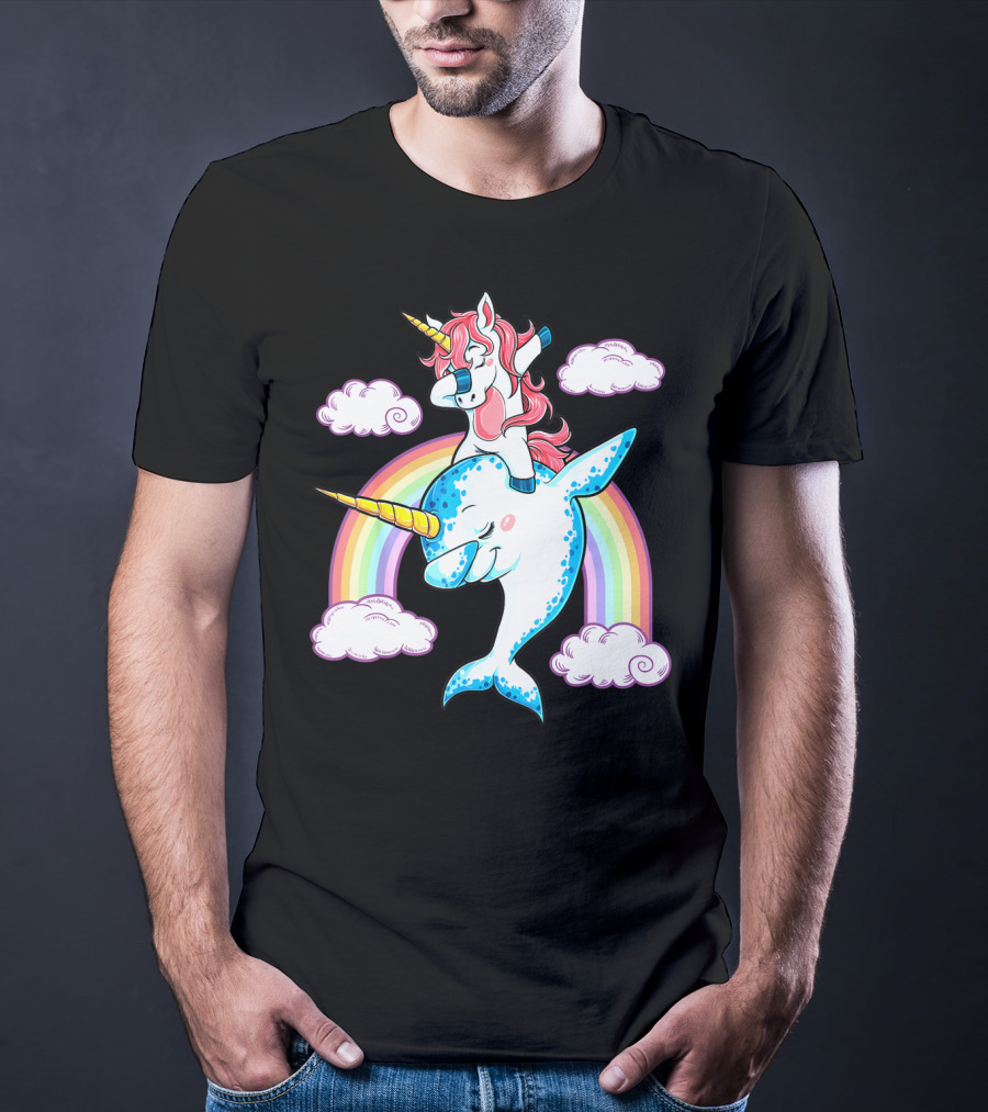 Dabbing Narwhal Unicorn Kids Rainbow Clouds Dab Squad T-Shirt
