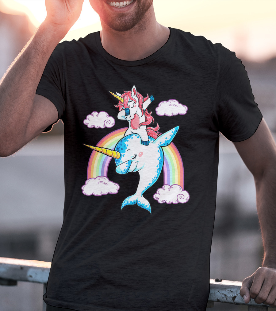Dabbing Narwhal Unicorn Kids Rainbow Clouds Dab Squad T-Shirt