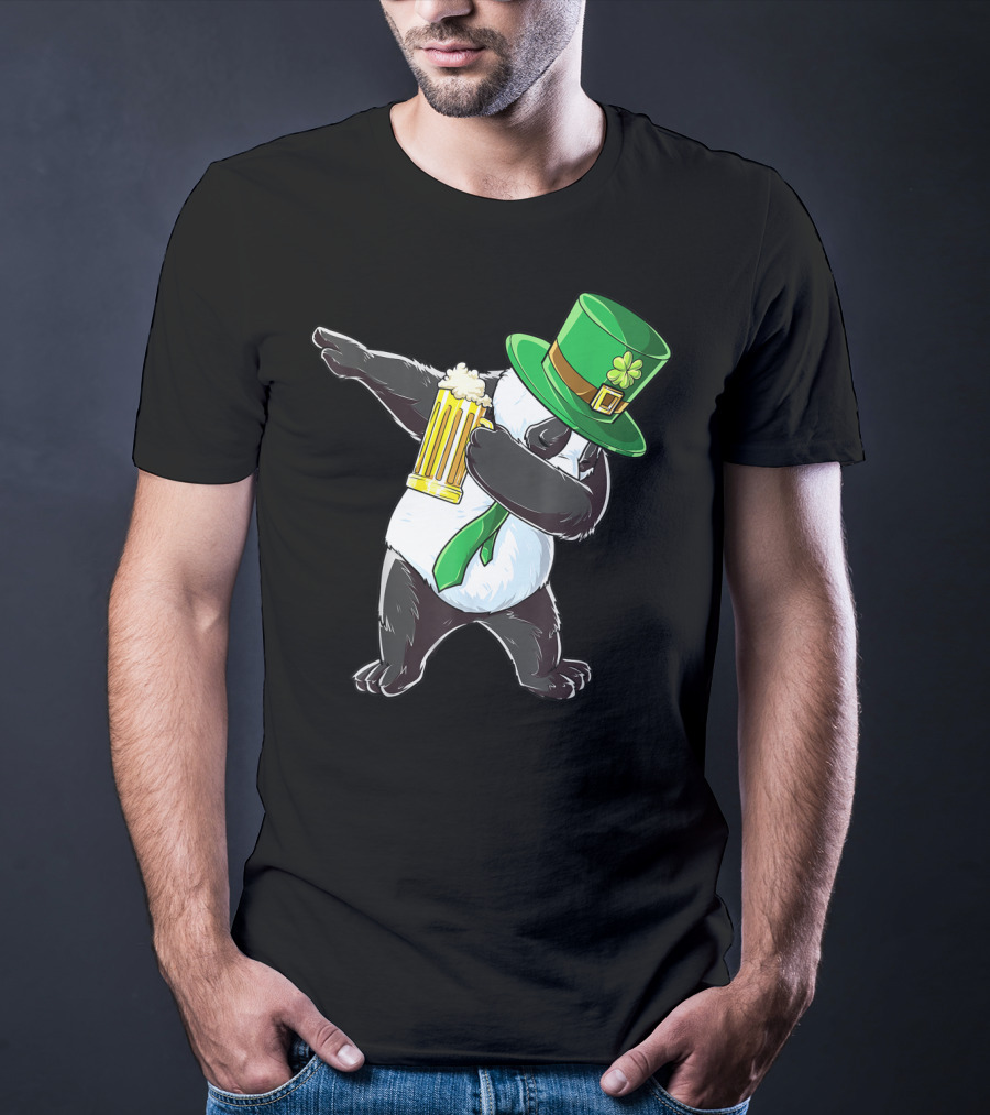 Dabbing Panda With Green Leprechaun Hat And Beer T-Shirt