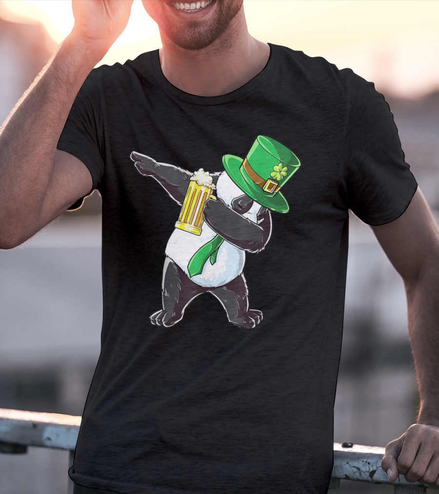 Dabbing Panda With Green Leprechaun Hat And Beer T-Shirt