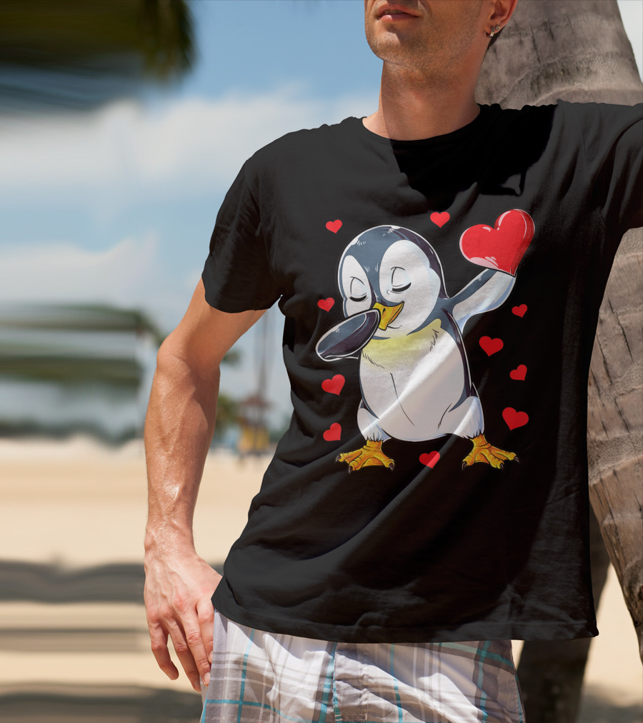 Dabbing Penguin Holding Heart Surrounded By Valentine Hearts T-Shirt