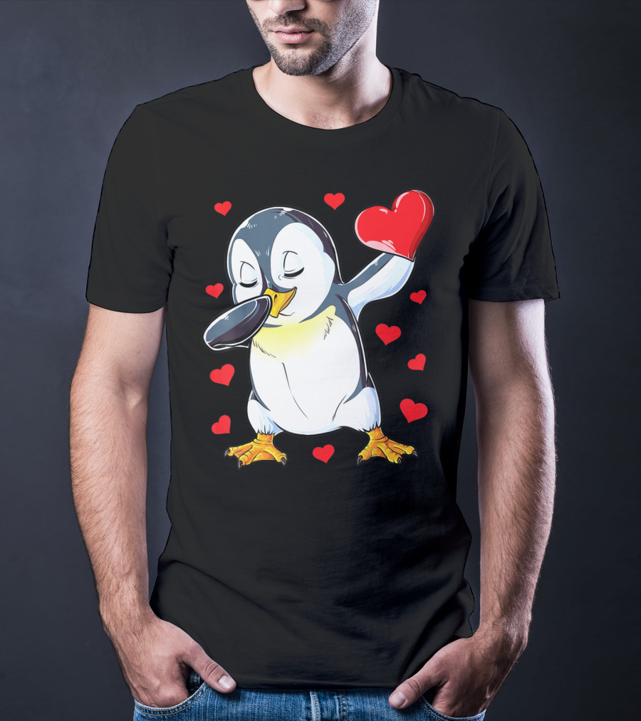 Dabbing Penguin Holding Heart Surrounded By Valentine Hearts T-Shirt