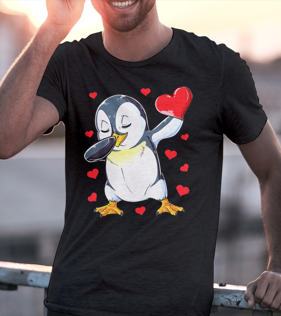 Dabbing Penguin Holding Heart Surrounded By Valentine Hearts T-Shirt