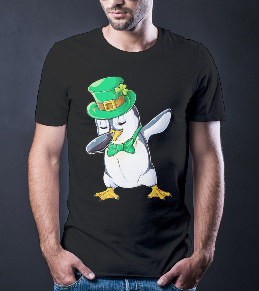 Dabbing Penguin St Patricks Day Leprechaun Hat And Bow Tie T-Shirt
