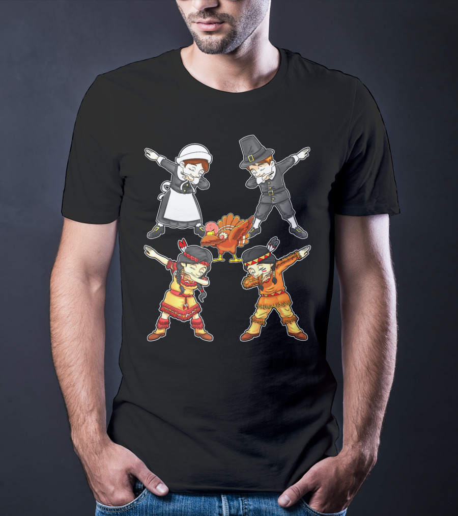 Dabbing Pilgrim And Native American Characters With Turkey T-Shirt
