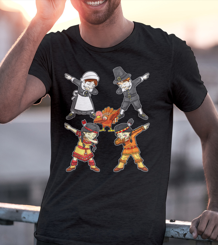 Dabbing Pilgrim And Native American Characters With Turkey T-Shirt