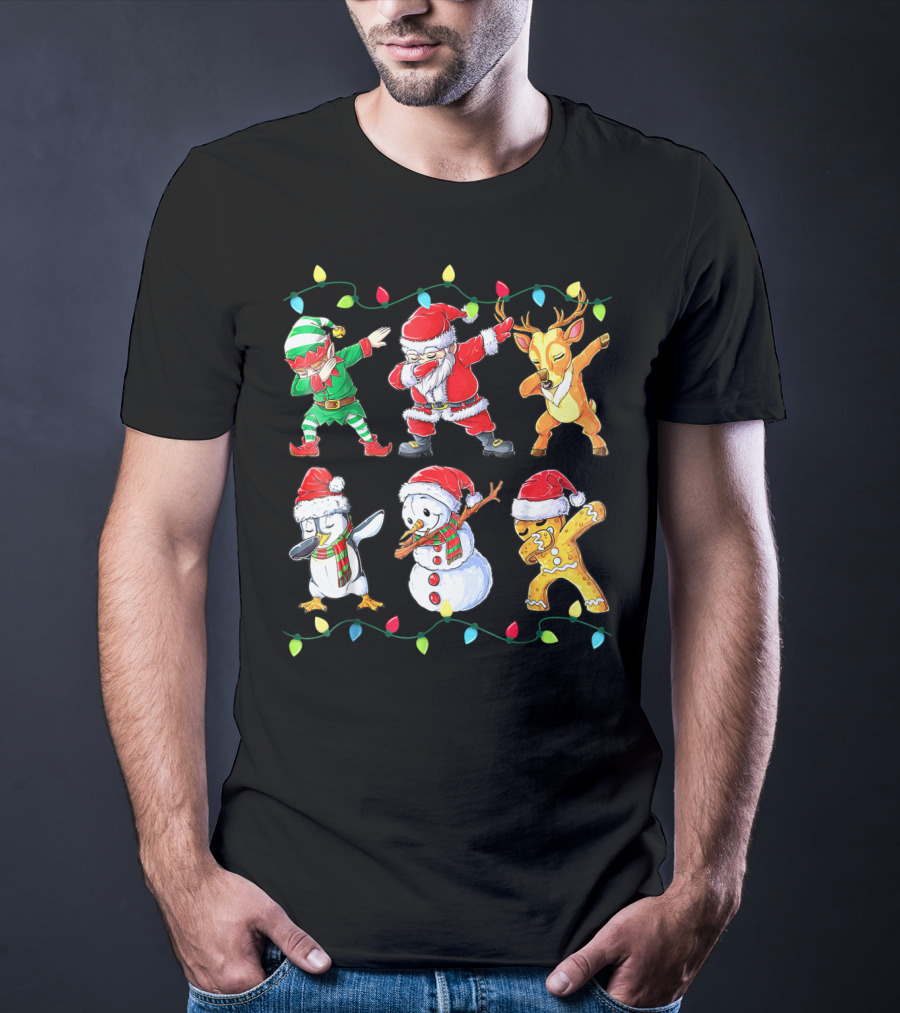 Santa Elf Reindeer Snowman Penguin Gingerbread Dabbing Friends T-Shirt